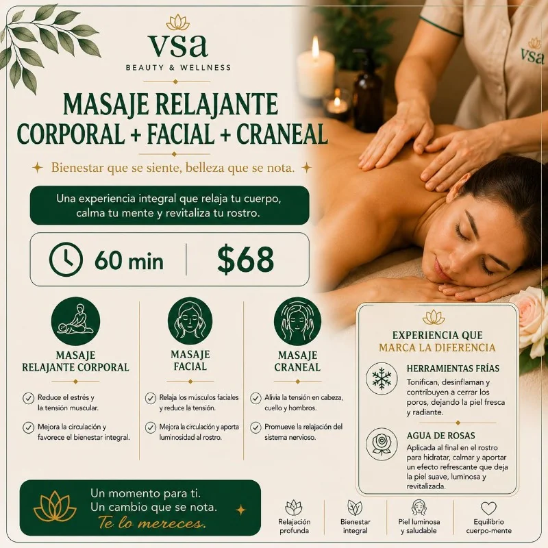 Masaje Relajante Corporal + Facial  Corporal + Craneal